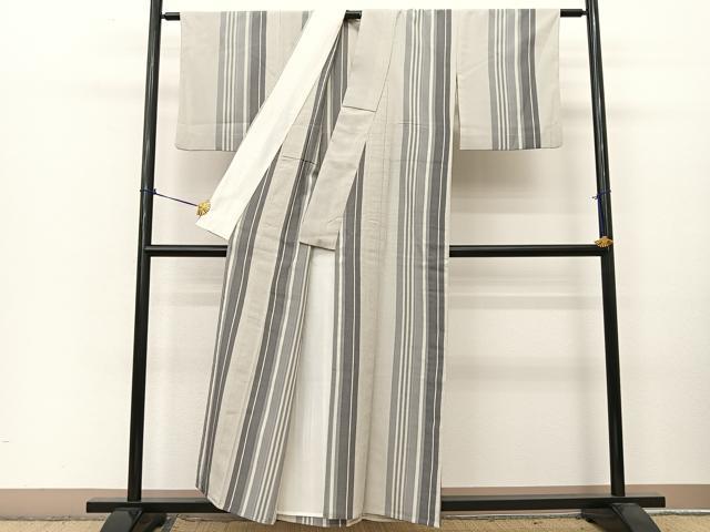 平和屋着物▽本塩沢 単衣 間道 正絹 逸品 BAAT9058yc