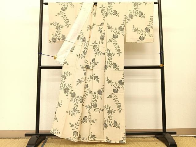 平和屋着物▽上質な小紋 単衣 更紗花文 正絹 逸品 未使用 BAAT9061yc