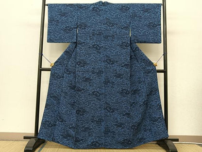 平和屋着物▽上質な小紋 単衣 本藍 型絵染 雲取り花文 鬼しぼ縮緬 正絹 逸品 BAAT9068yc