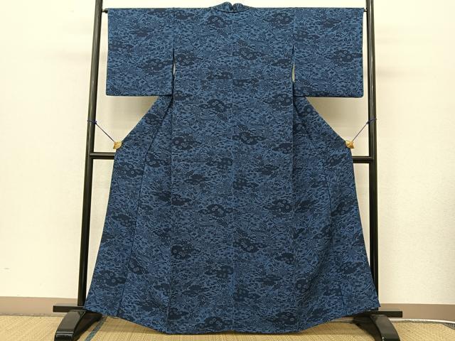 平和屋着物▽上質な小紋 単衣 本藍 型絵染 雲取り花文 鬼しぼ縮緬 正絹 逸品 BAAT9068yc