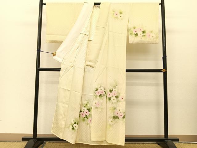 平和屋着物▽訪問着 単衣 手描き 草花文 正絹 逸品 BAAT9070yc