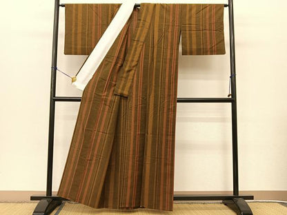 平和屋着物▽古代紬 単衣 間道 ますいわ屋扱い 証紙付き 正絹 逸品 BAAT9074yc