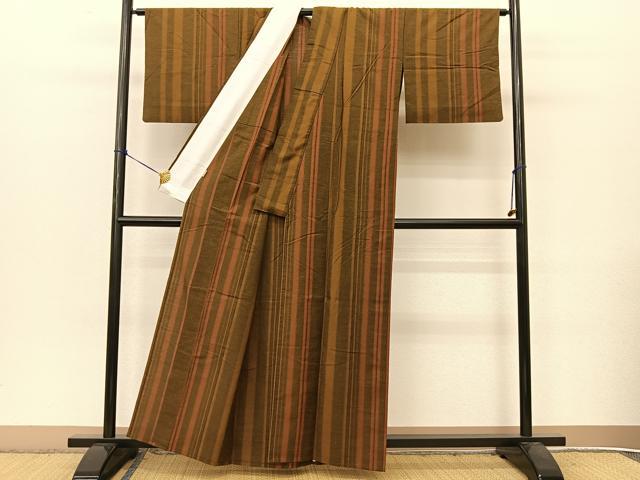 平和屋着物▽古代紬 単衣 間道 ますいわ屋扱い 証紙付き 正絹 逸品 BAAT9074yc