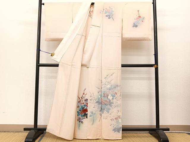 平和屋着物▽訪問着 単衣 刺繍 枝花文 暈し染め 正絹 逸品 BAAT9086yc