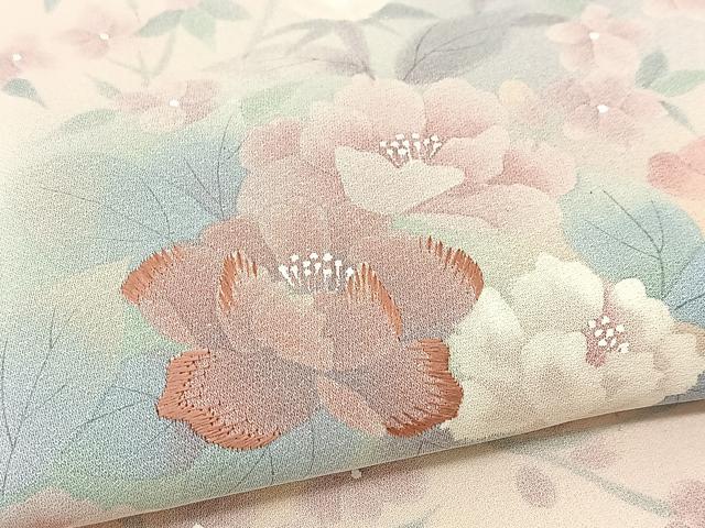 平和屋着物▽訪問着 単衣 刺繍 枝花文 暈し染め 正絹 逸品 BAAT9086yc