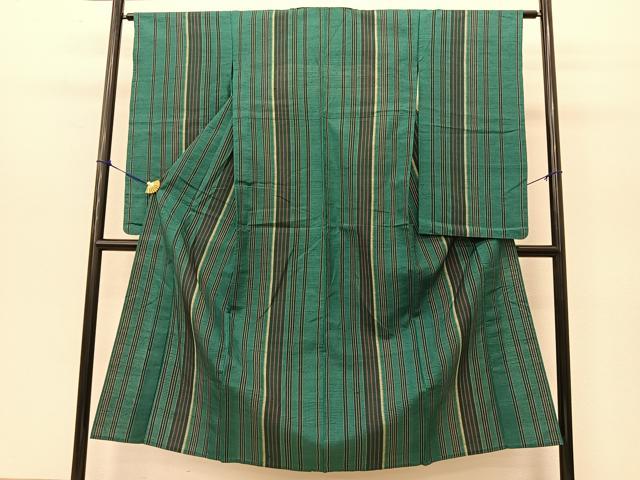 平和屋着物▽上質な紬 単衣 縞 正絹 逸品 BAAT9090yc
