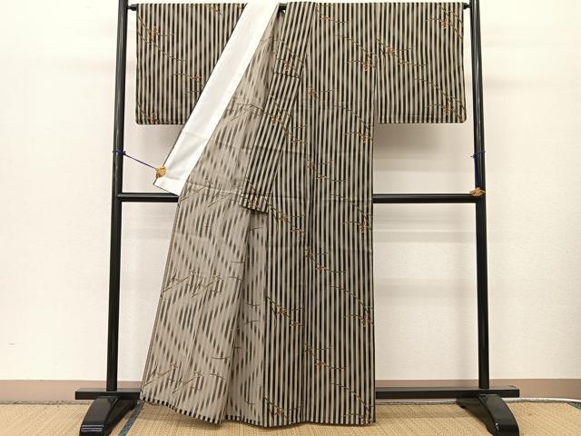平和屋着物▽小紋 単衣 枝花文 暈し染め 黒地 洗える着物 未使用 BAAT9094yc