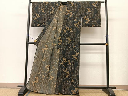 平和屋着物▽小紋 単衣 枝花麻の葉文 黒地 洗える着物 BAAT9099yc
