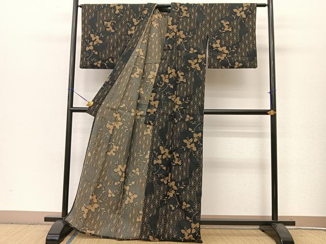 平和屋着物▽小紋 単衣 枝花麻の葉文 黒地 洗える着物 BAAT9099yc