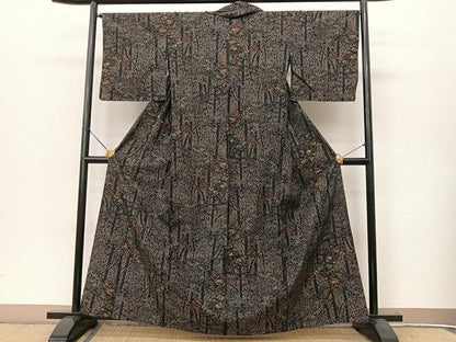 平和屋着物▽上質な紬 単衣 樹林文 正絹 逸品 BAAT9103yc