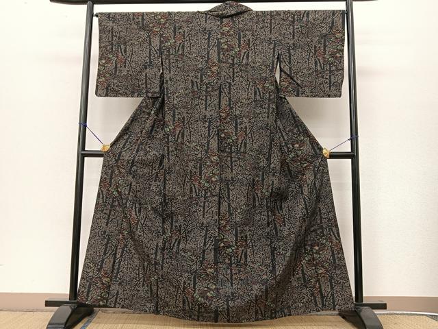 平和屋着物▽上質な紬 単衣 樹林文 正絹 逸品 BAAT9103yc