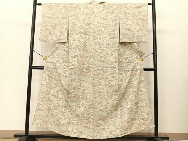 平和屋着物▽本塩沢 単衣 流水渡橋風景花文 正絹 逸品 BAAT9109yc