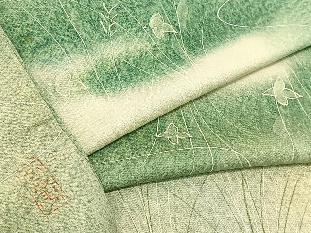 平和屋着物▽上質な小紋 単衣 作家物 草花文 暈し染め 正絹 逸品 BAAT9116yc