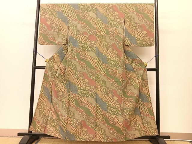 平和屋着物▽小紋 単衣 裏菊七宝文 洗える着物 BAAT9126yc