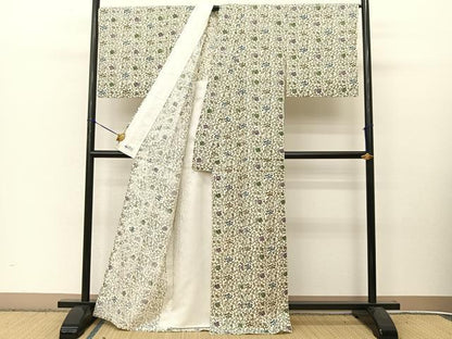 平和屋着物▽上質な紬　単衣　江戸紅型　更紗花唐草文　やまと誂製　正絹　逸品　BAAT9128yc
