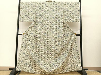 平和屋着物▽上質な紬　単衣　江戸紅型　更紗花唐草文　やまと誂製　正絹　逸品　BAAT9128yc