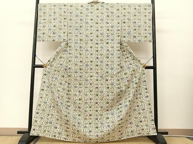 平和屋着物▽上質な紬　単衣　江戸紅型　更紗花唐草文　やまと誂製　正絹　逸品　BAAT9128yc