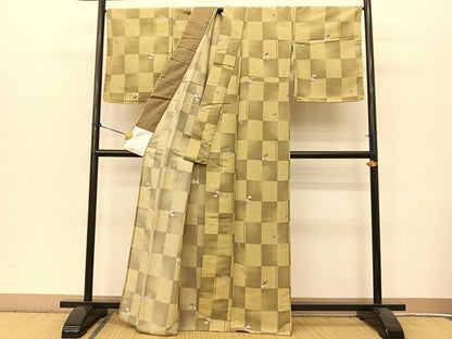 平和屋着物▽小紋　単衣　草花文　折り鶴　洗える着物　未使用　BAAT9139yc