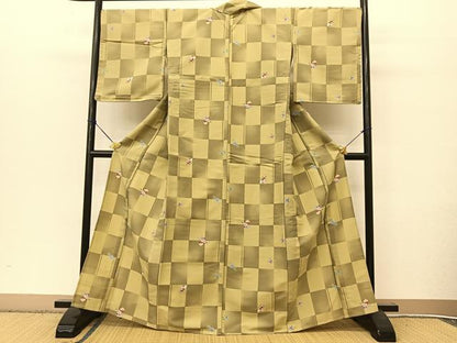 平和屋着物▽小紋　単衣　草花文　折り鶴　洗える着物　未使用　BAAT9139yc