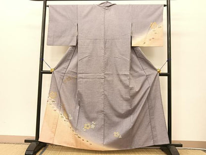 平和屋着物▽訪問着 単衣 紬地 草花文 暈し染め 金彩 銀通し地 正絹 逸品 BAAT9140yc