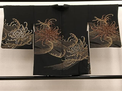 平和屋着物＃羽織 お召地 乱菊 立波文 黒地 金銀糸 正絹 逸品 BAAT9244gt