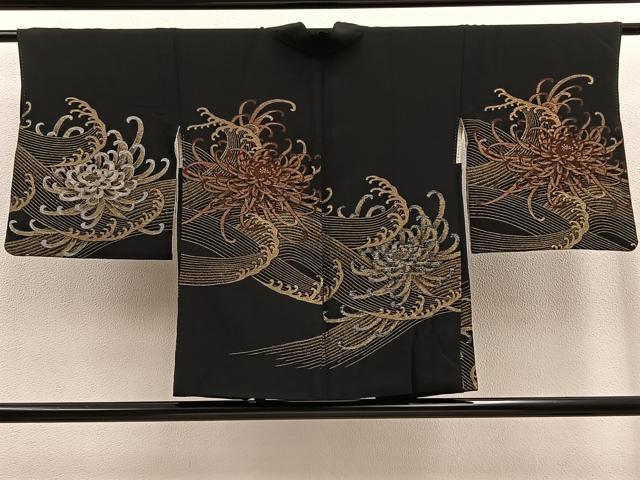 平和屋着物＃羽織 お召地 乱菊 立波文 黒地 金銀糸 正絹 逸品 BAAT9244gt