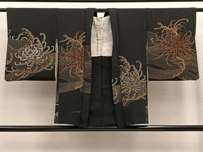 平和屋着物＃羽織 お召地 乱菊 立波文 黒地 金銀糸 正絹 逸品 BAAT9244gt