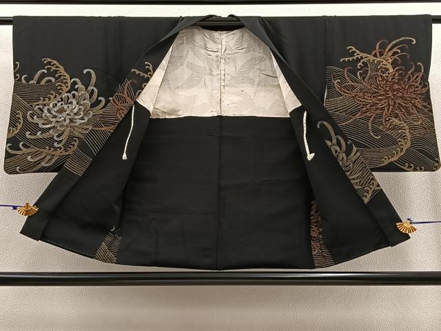 平和屋着物＃羽織 お召地 乱菊 立波文 黒地 金銀糸 正絹 逸品 BAAT9244gt