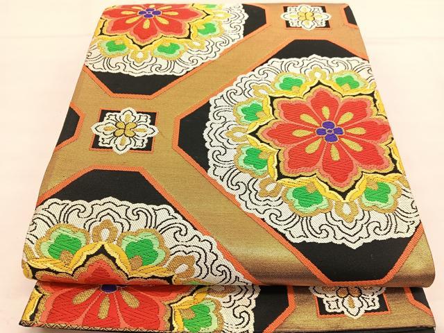 平和屋着物◎六通柄袋帯 唐織 正倉院花文 黒地 金糸 正絹 逸品 BAAT9314hv