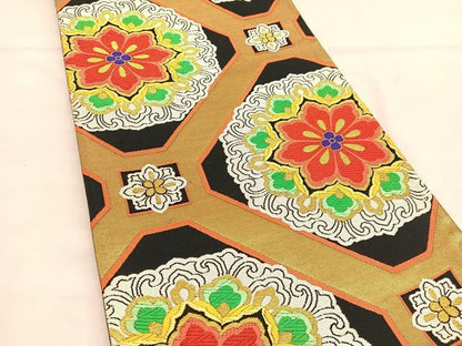 平和屋着物◎六通柄袋帯 唐織 正倉院花文 黒地 金糸 正絹 逸品 BAAT9314hv