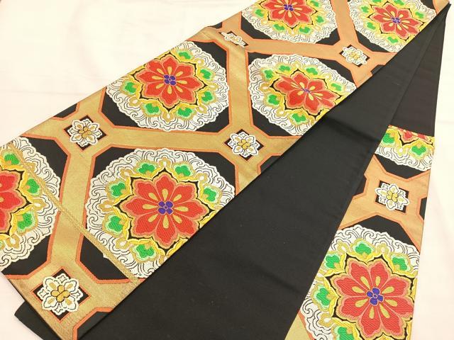 平和屋着物◎六通柄袋帯 唐織 正倉院花文 黒地 金糸 正絹 逸品 BAAT9314hv