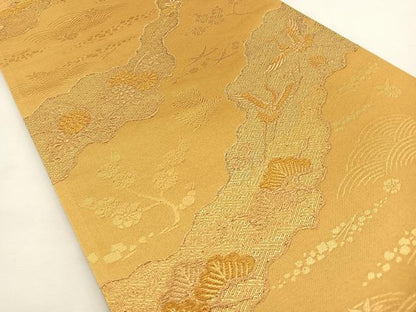 平和屋着物◎六通柄袋帯 道長飛鶴浜松文 金彩錦 正絹 逸品 未使用 BAAT9776yc