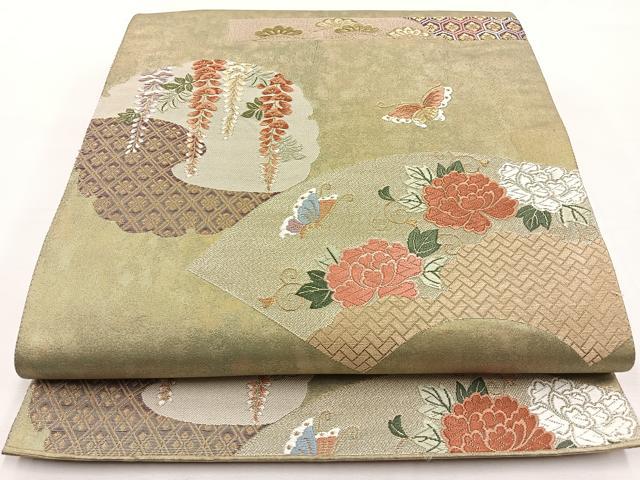 平和屋着物◎六通柄袋帯 唐織 地紙花蝶文 金糸 正絹 逸品 BAAT9781hj