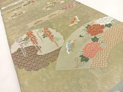 平和屋着物◎六通柄袋帯 唐織 地紙花蝶文 金糸 正絹 逸品 BAAT9781hj