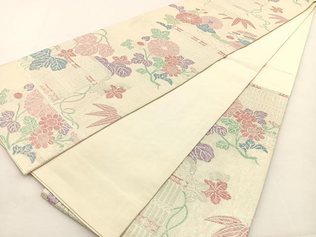 平和屋着物◎六通柄袋帯 間垣花文 銀糸 正絹 逸品 BAAT9784hj