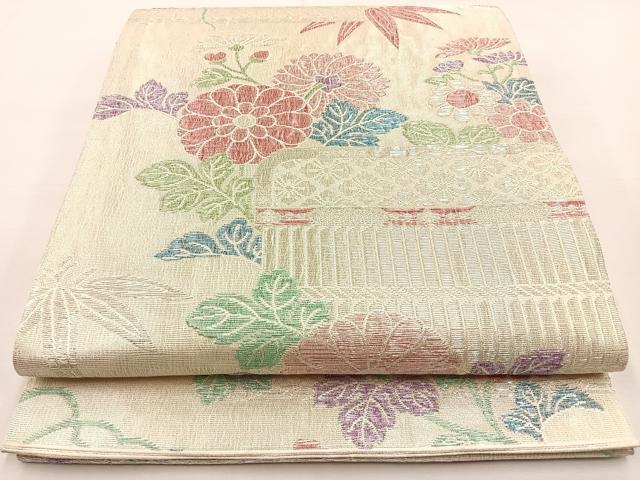 平和屋着物◎六通柄袋帯 間垣花文 銀糸 正絹 逸品 BAAT9784hj