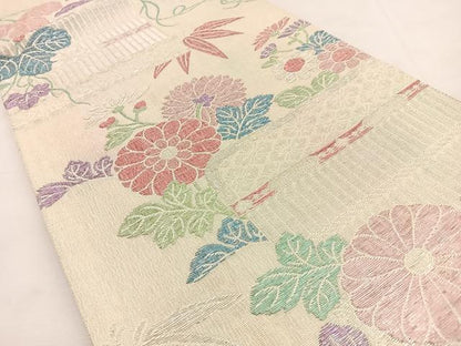 平和屋着物◎六通柄袋帯 間垣花文 銀糸 正絹 逸品 BAAT9784hj