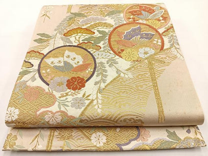 平和屋着物◎六通柄袋帯 唐織 花鳥丸文 金銀糸 正絹 逸品 BAAT9786hj