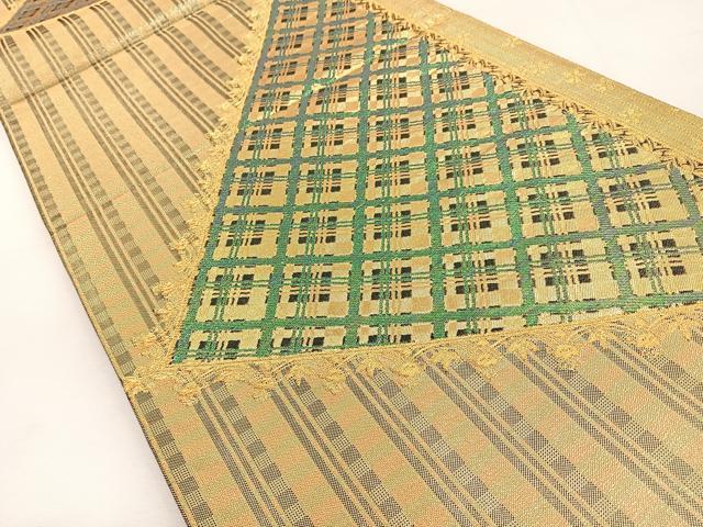 平和屋着物◎六通柄袋帯 格子柄 金糸 正絹 逸品 BAAT9788hj