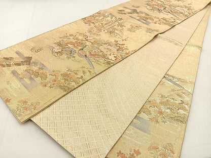 平和屋着物◎佐賀錦　六通柄袋帯　尾長鳥花文　金糸　正絹　逸品　BAAT9793hj