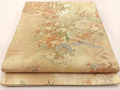 平和屋着物◎佐賀錦　六通柄袋帯　尾長鳥花文　金糸　正絹　逸品　BAAT9793hj