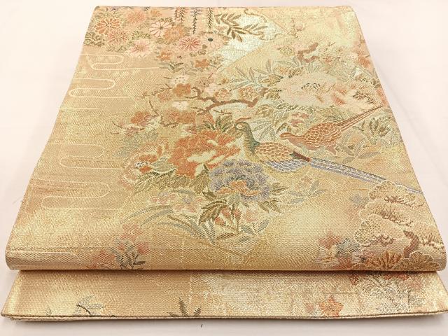 平和屋着物◎佐賀錦　六通柄袋帯　尾長鳥花文　金糸　正絹　逸品　BAAT9793hj