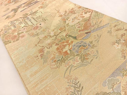 平和屋着物◎佐賀錦　六通柄袋帯　尾長鳥花文　金糸　正絹　逸品　BAAT9793hj