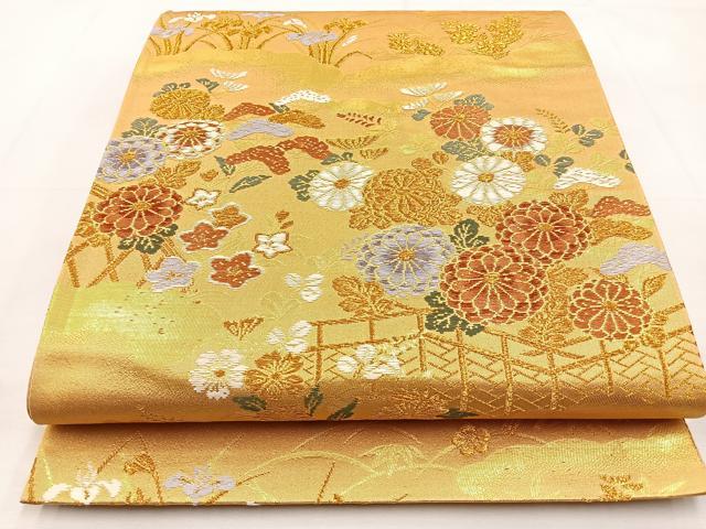 平和屋着物◎六通柄袋帯 秋草文 金糸 正絹 逸品 BAAT9797hj