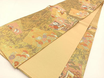 平和屋着物◎六通柄袋帯 唐織 色紙重ね飛鶴花文 金糸 正絹 逸品 BAAT9830hj