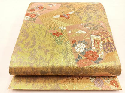 平和屋着物◎六通柄袋帯 唐織 色紙重ね飛鶴花文 金糸 正絹 逸品 BAAT9830hj