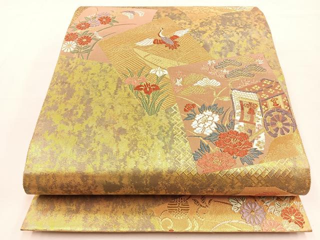 平和屋着物◎六通柄袋帯 唐織 色紙重ね飛鶴花文 金糸 正絹 逸品 BAAT9830hj