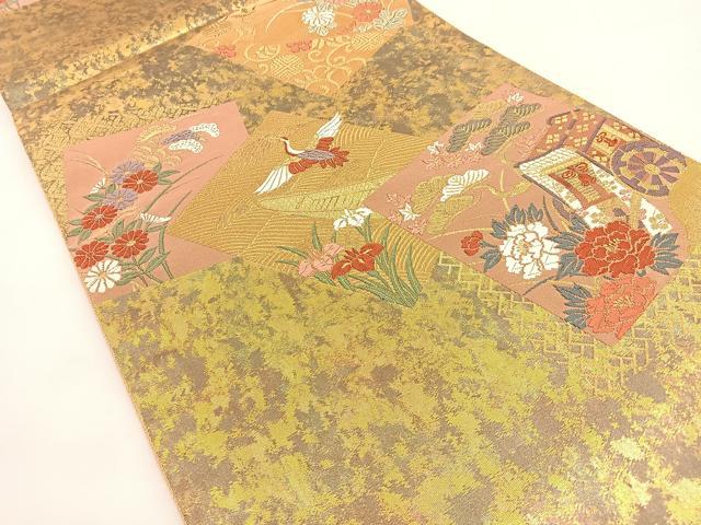 平和屋着物◎六通柄袋帯 唐織 色紙重ね飛鶴花文 金糸 正絹 逸品 BAAT9830hj