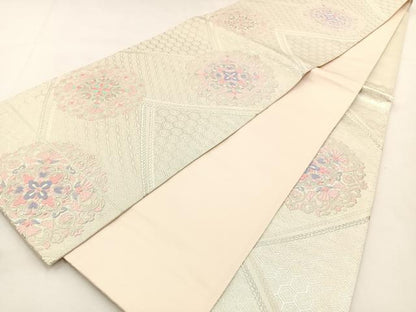 平和屋着物◎六通柄袋帯 唐織 正倉院花文 銀糸 正絹 逸品 BAAT9838hj