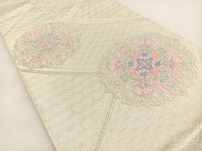 平和屋着物◎六通柄袋帯 唐織 正倉院花文 銀糸 正絹 逸品 BAAT9838hj